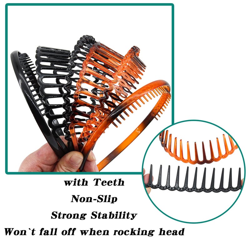 يشان أطواق شعر يشان بتصميم أسنان مشط للنساء والفتيات، أطواق شعر بتصميم أسنان القرش المتعرجة، أطواق شعر بلاستيكية مانعة للانزلاق باللونين الأسود والبني، حلقات شعر رفيعة، عبوة من 6 قطع - Image 3